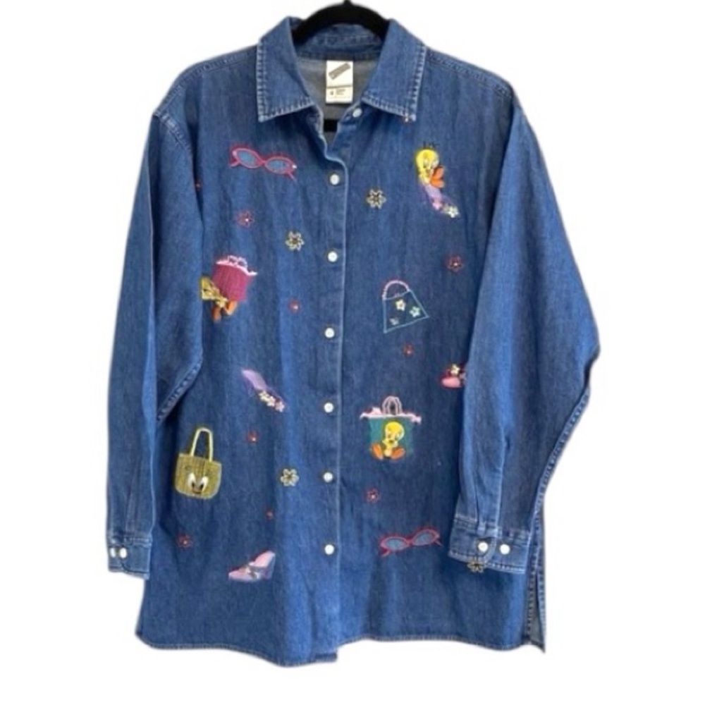 🔥HOST PICK🔥 Disney Blue Denim Buttom Down Shirt with Cartoon Embroidery - Small
